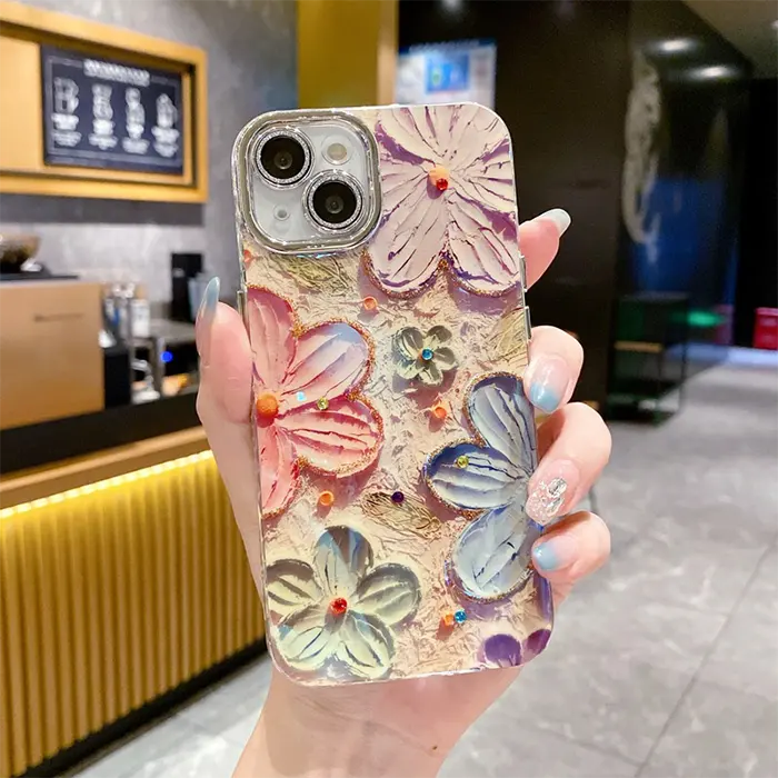 Beaded Charm & Cute Oil Painting Flower iPhone Mobile Case