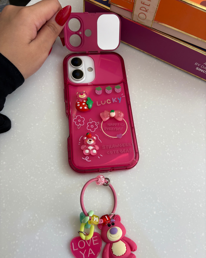 Strawberry Bear Mirror Case with Charm – Cute & Functional iPhone Cover
