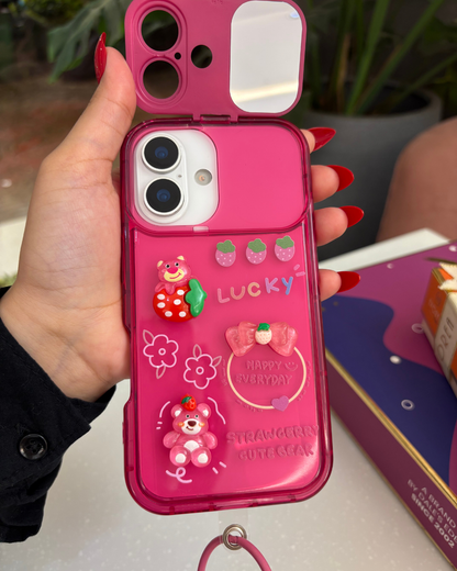 Strawberry Bear Mirror Case with Charm – Cute & Functional iPhone Cover