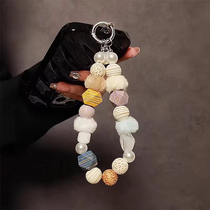 Chain Plush Bead Wooden Wrist Strap