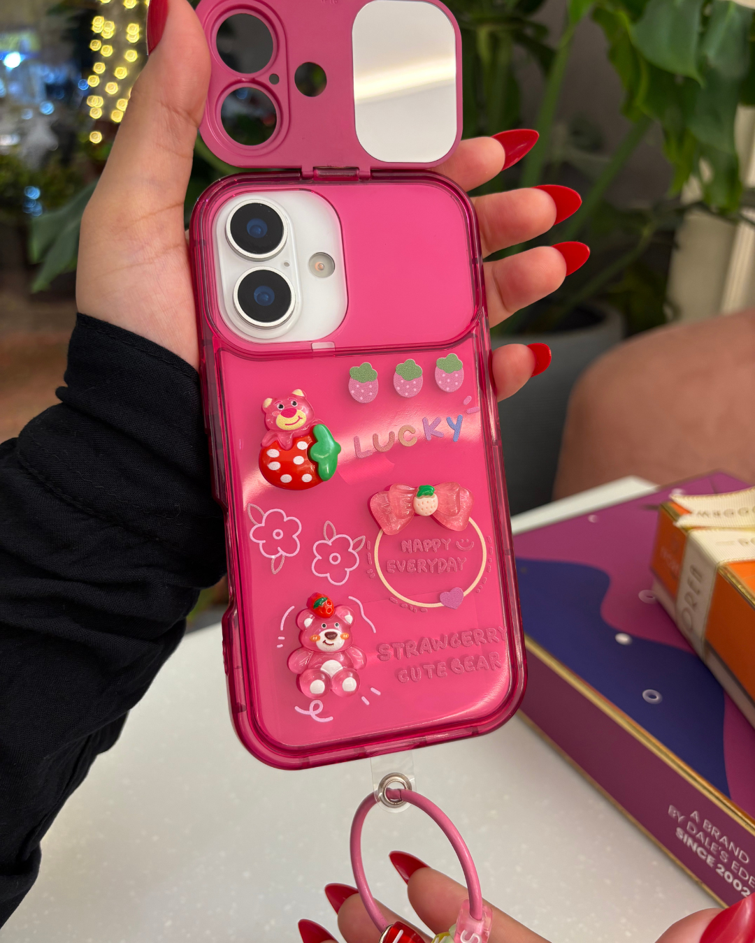 Strawberry Bear Mirror Case with Charm – Cute & Functional iPhone Cover