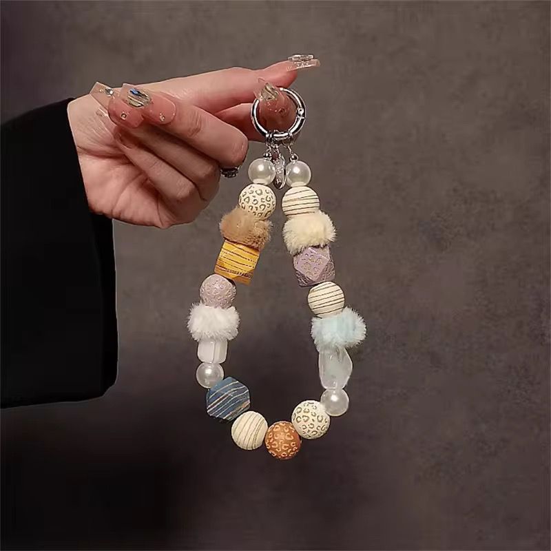 Chain Plush Bead Wooden Wrist Strap