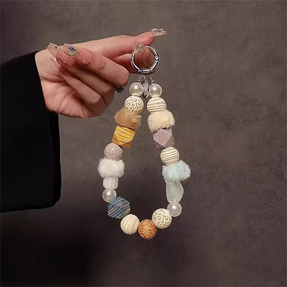 Chain Plush Bead Wooden Wrist Strap