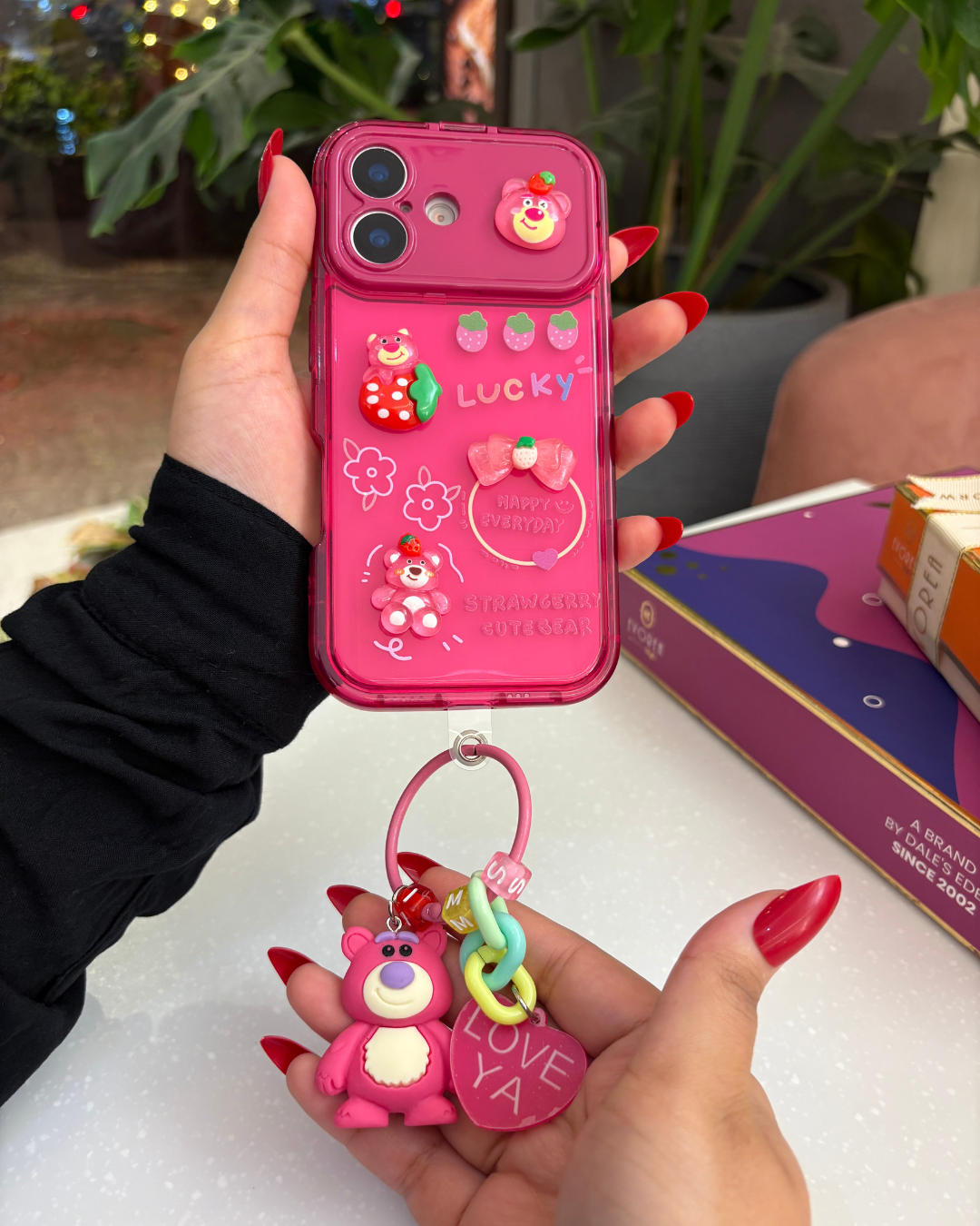 Strawberry Bear Mirror Case with Charm – Cute & Functional iPhone Cover