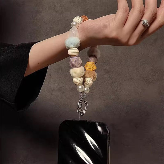 Chain Plush Bead Wooden Wrist Strap