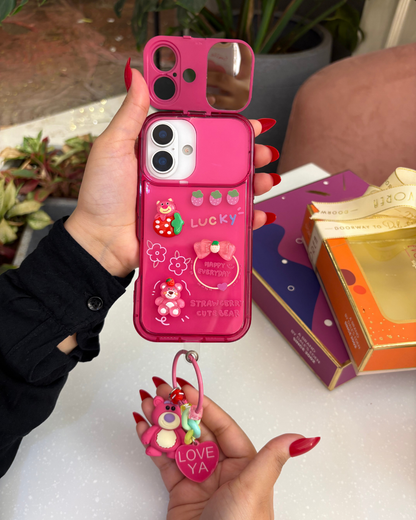 Strawberry Bear Mirror Case with Charm – Cute & Functional iPhone Cover