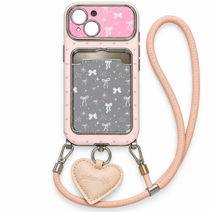 Pink Bow Mirror Card Case with Heart Charm