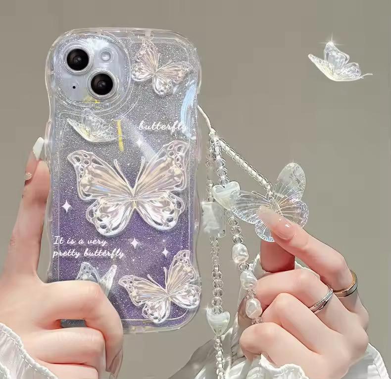 Fashion Gradual Colors Glitter TPU Butterfly Phone Case With Strap Chain Back Cover