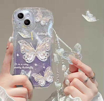 Fashion Gradual Colors Glitter TPU Butterfly Phone Case With Strap Chain Back Cover