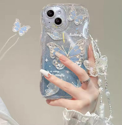 Fashion Gradual Colors Glitter TPU Butterfly Phone Case With Strap Chain Back Cover