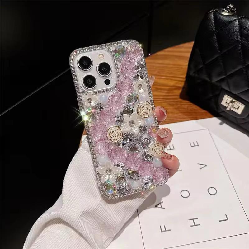 Luxury Bling Pearl iPhone Mobile Case with Diamond Rose Flower Design
