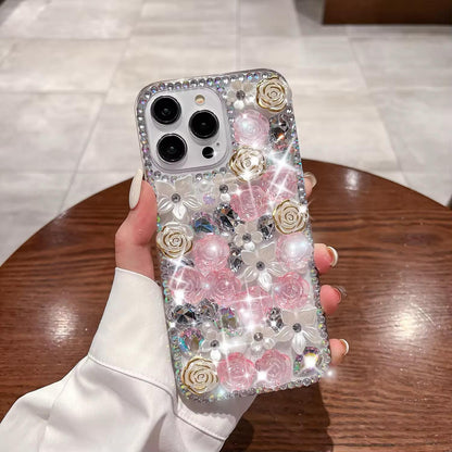 Luxury Bling Pearl iPhone Mobile Case with Diamond Rose Flower Design
