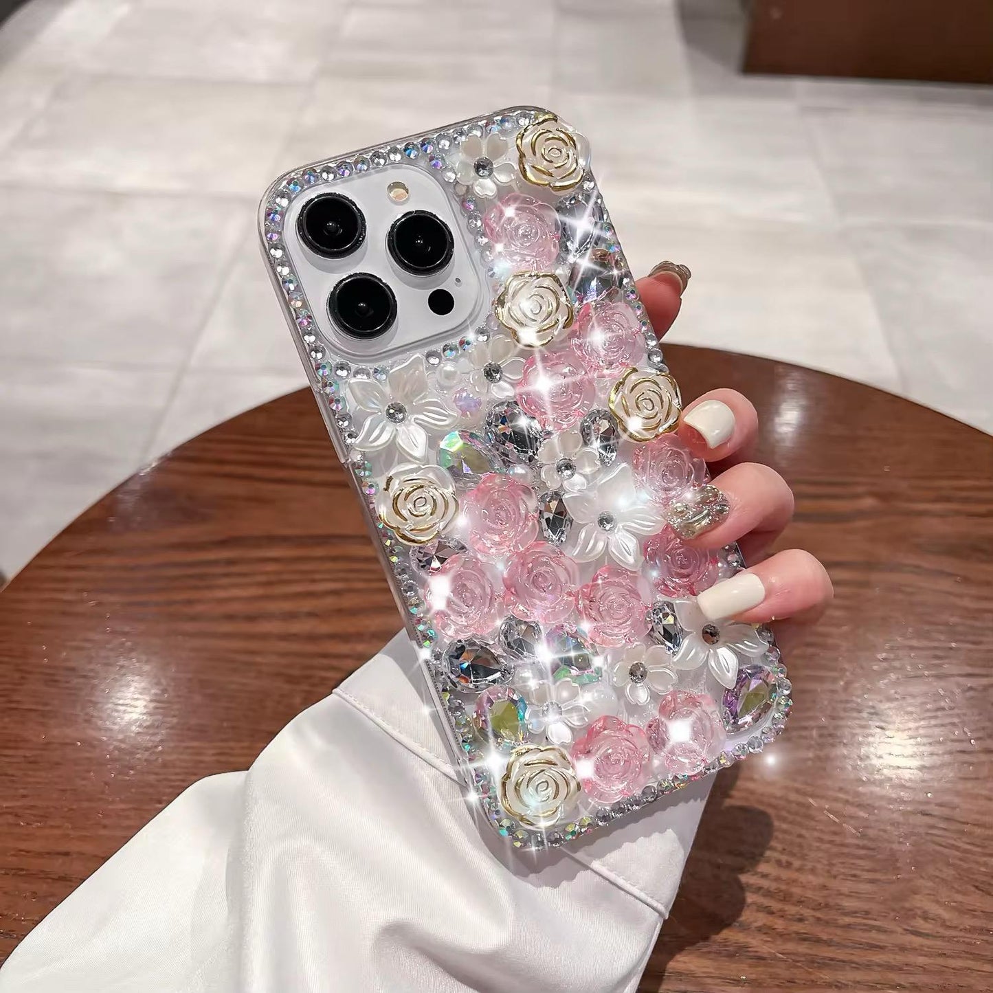 Luxury Bling Pearl iPhone Mobile Case with Diamond Rose Flower Design