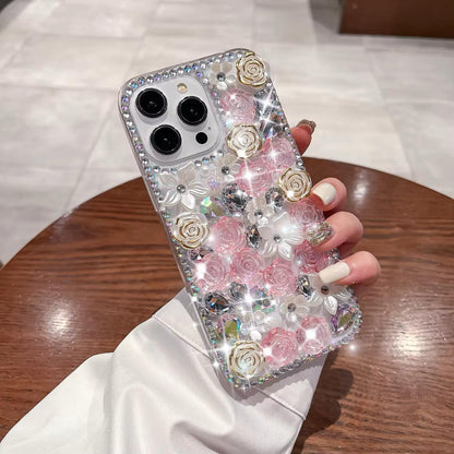 Luxury Bling Pearl iPhone Mobile Case with Diamond Rose Flower Design