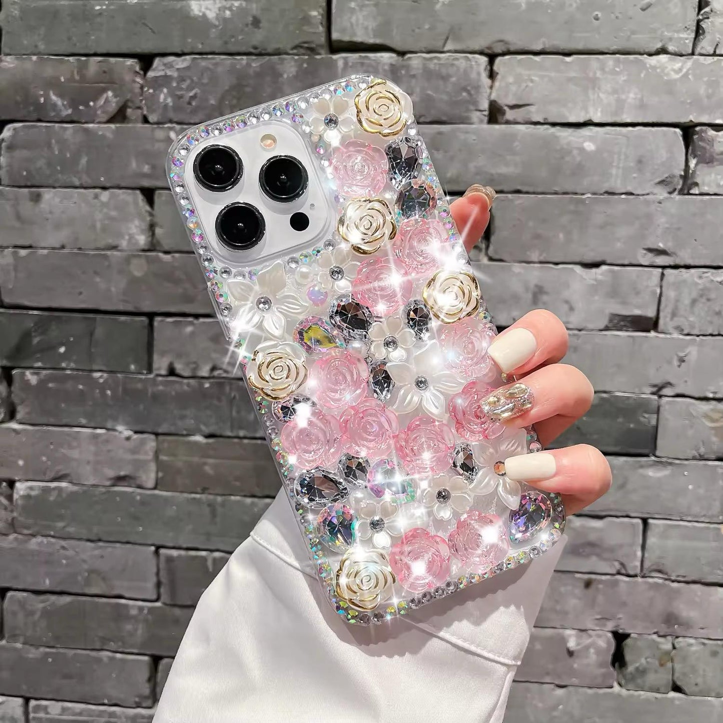 Luxury Bling Pearl iPhone Mobile Case with Diamond Rose Flower Design