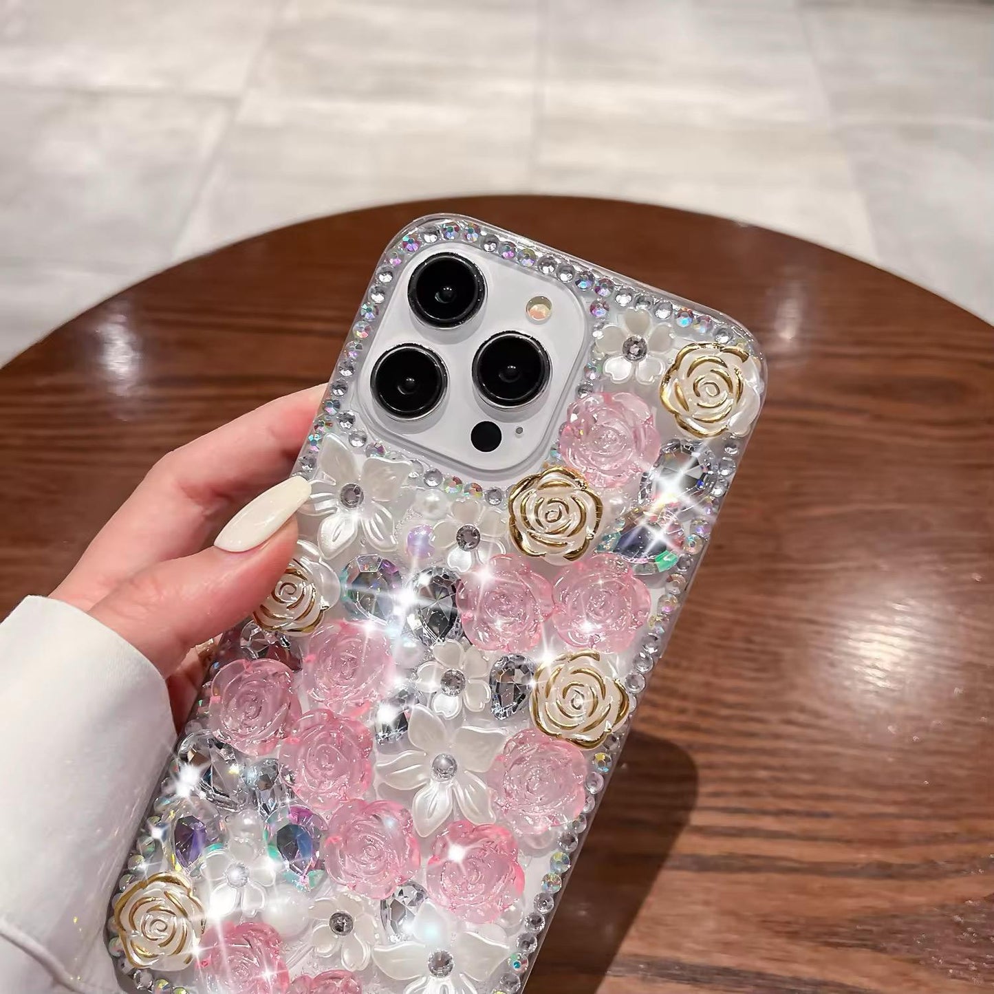 Luxury Bling Pearl iPhone Mobile Case with Diamond Rose Flower Design