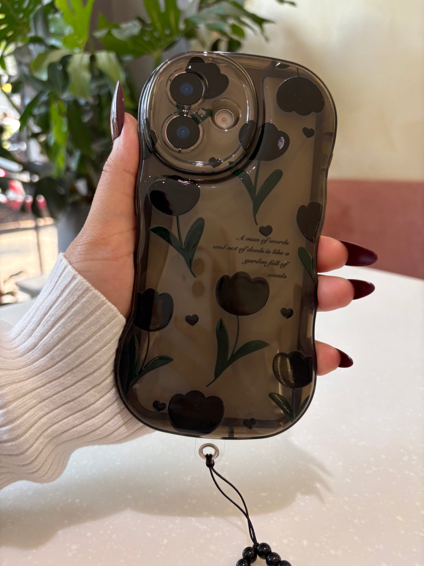 Black Tulip TPU Phone Case with Phone Charm