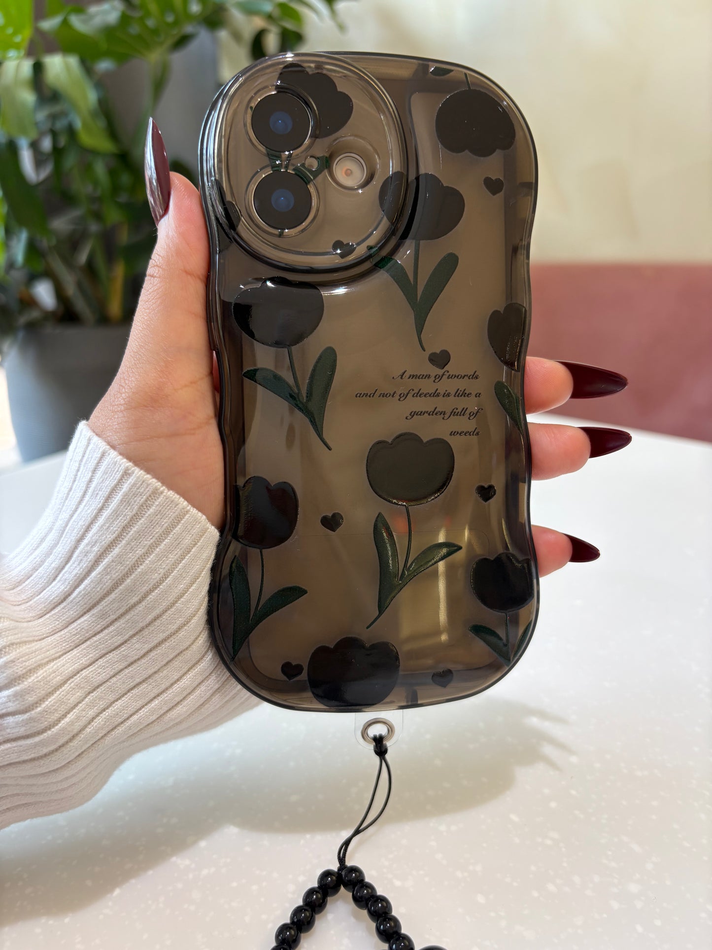 Black Tulip TPU Phone Case with Phone Charm