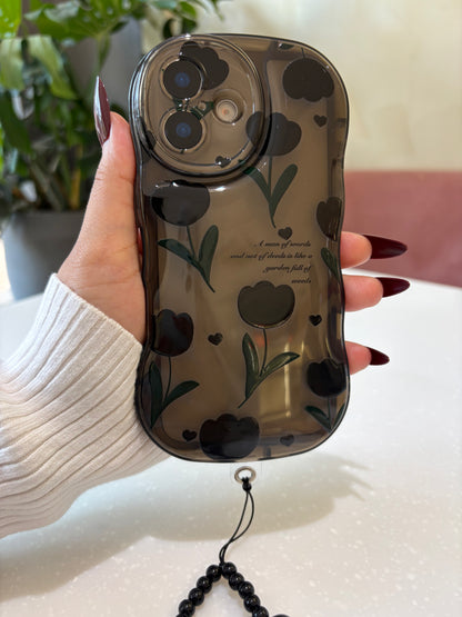 Black Tulip TPU Phone Case with Phone Charm
