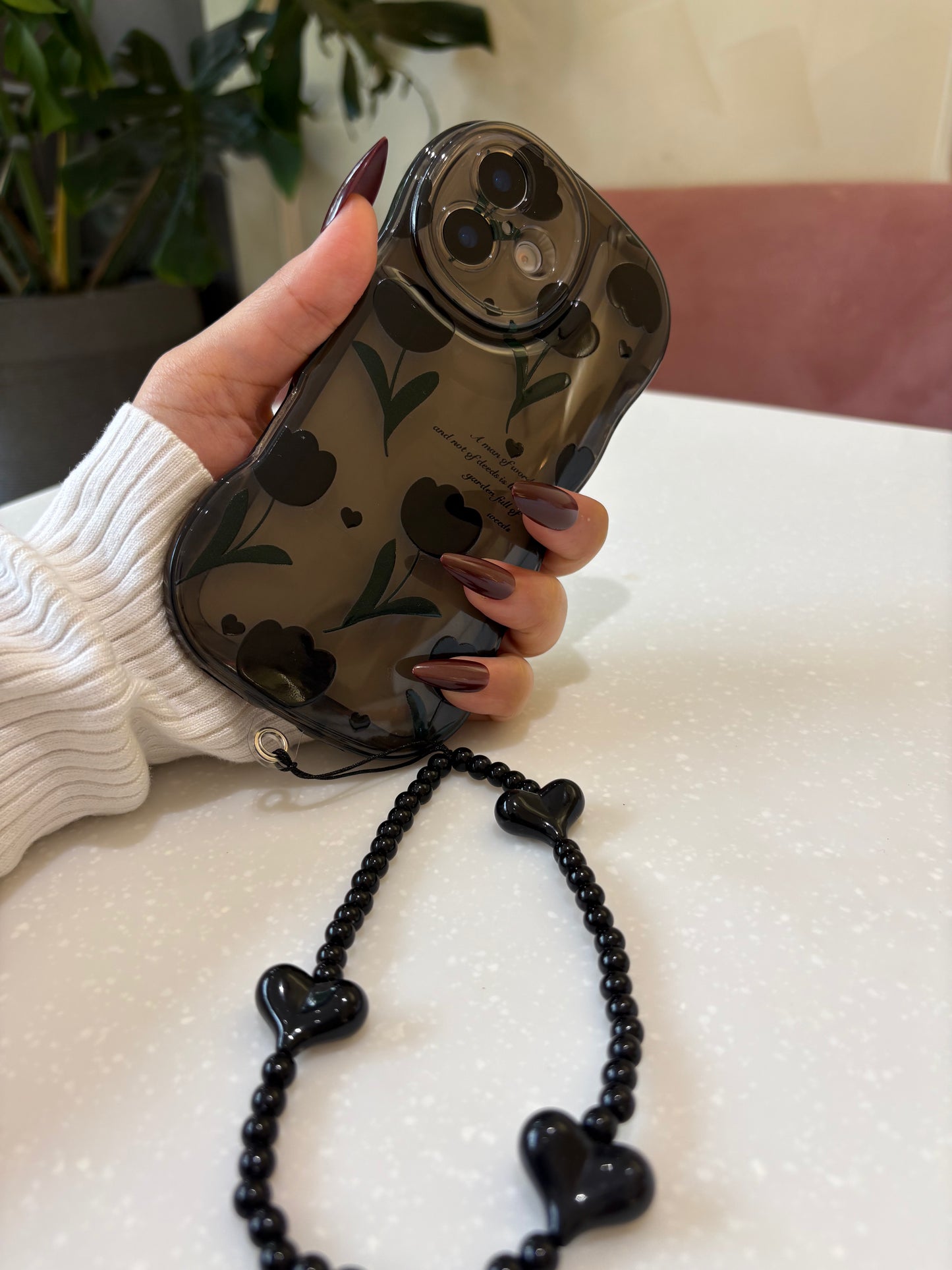 Black Tulip TPU Phone Case with Phone Charm