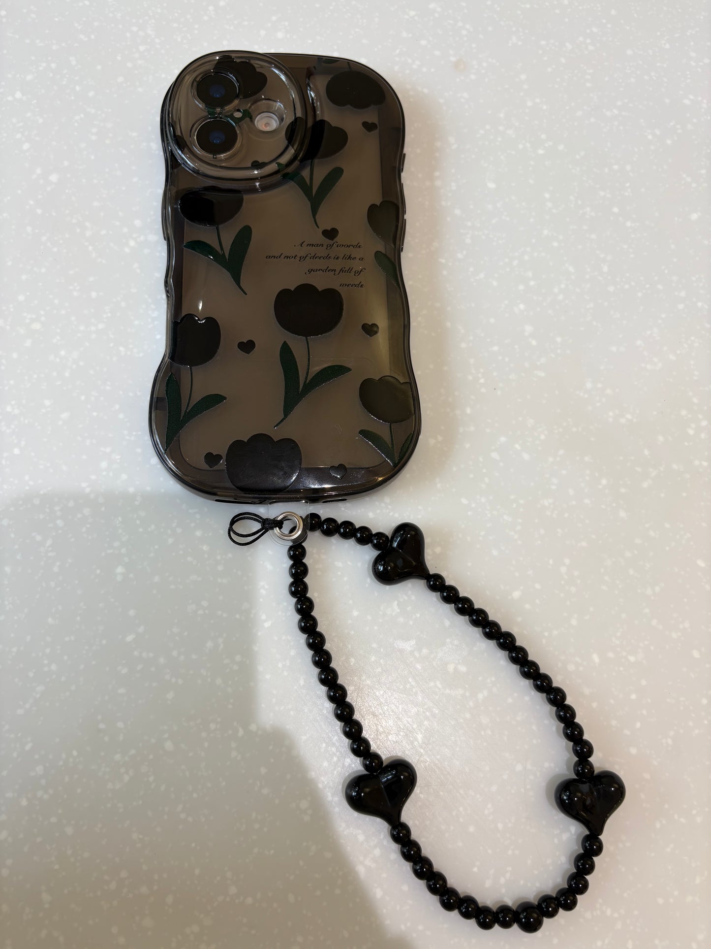 Black Tulip TPU Phone Case with Phone Charm