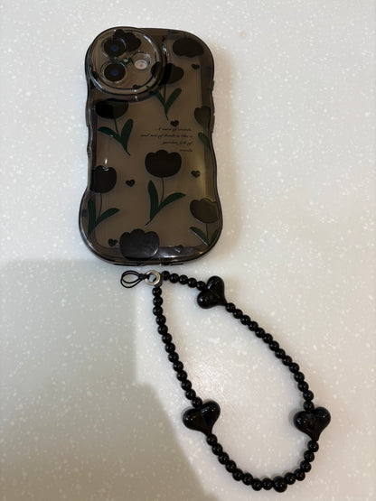 Black Tulip TPU Phone Case with Phone Charm