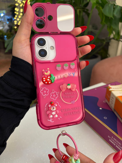 Strawberry Bear Mirror Case with Charm – Cute & Functional iPhone Cover