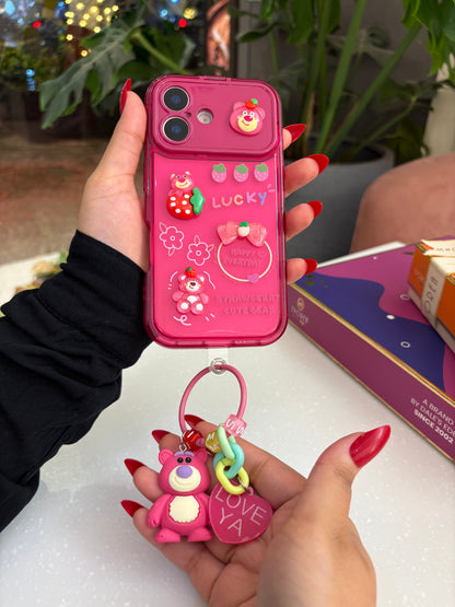 Strawberry Bear Mirror Case with Charm – Cute & Functional iPhone Cover