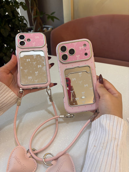 Pink Bow Mirror Card Case with Heart Charm
