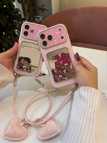 Pink Bow Mirror Card Case with Heart Charm
