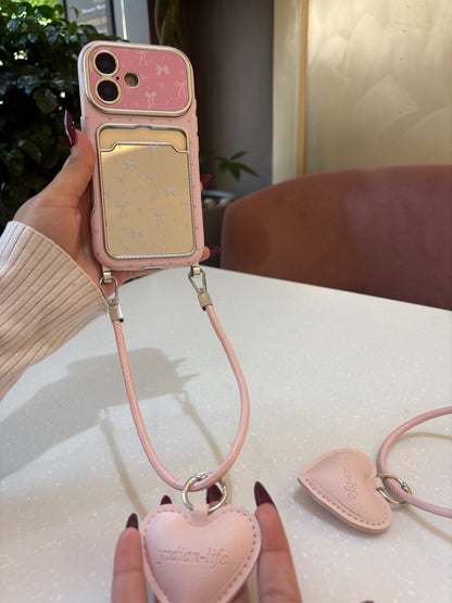 Pink Bow Mirror Card Case with Heart Charm