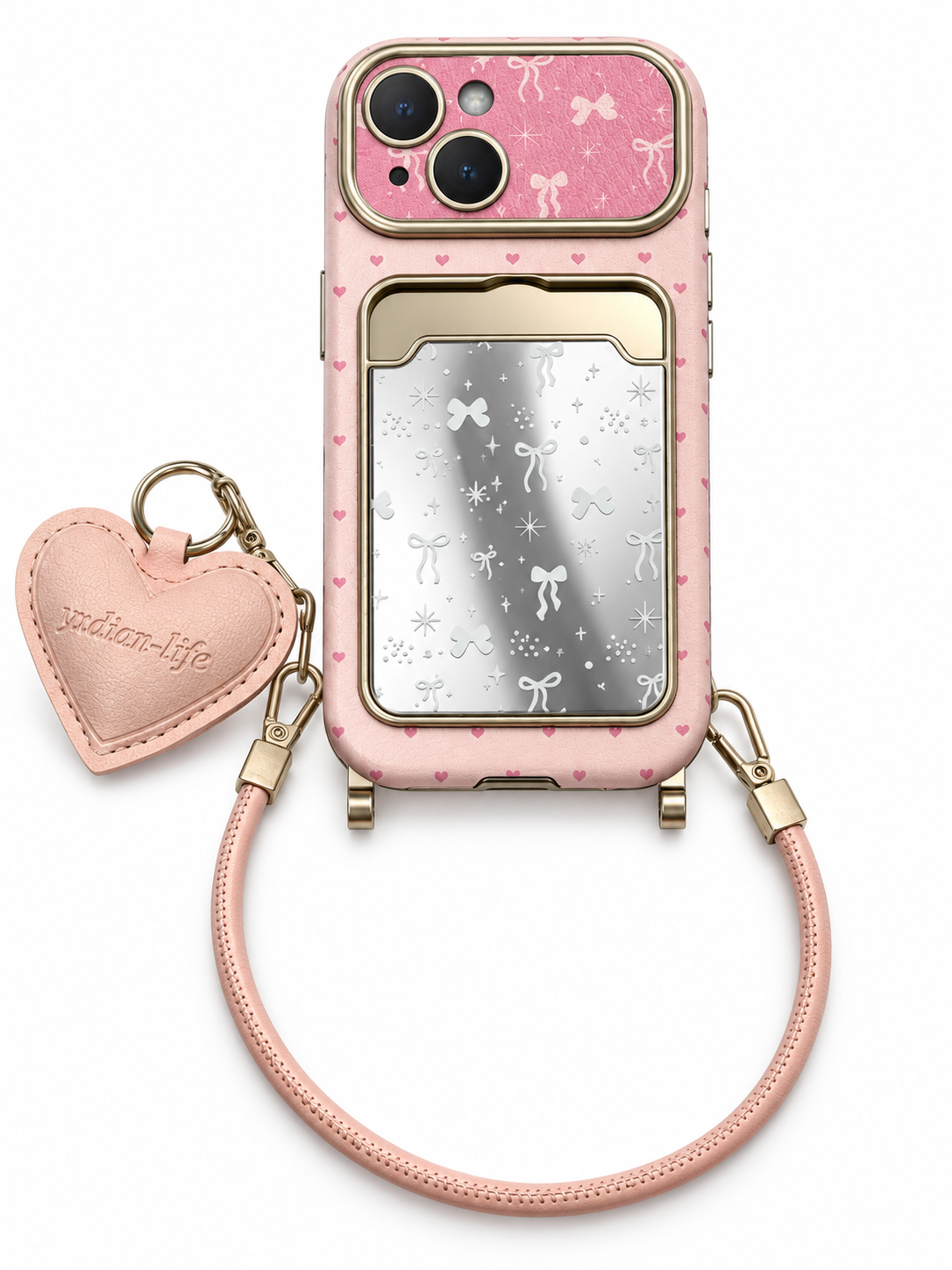 Pink Bow Mirror Card Case with Heart Charm
