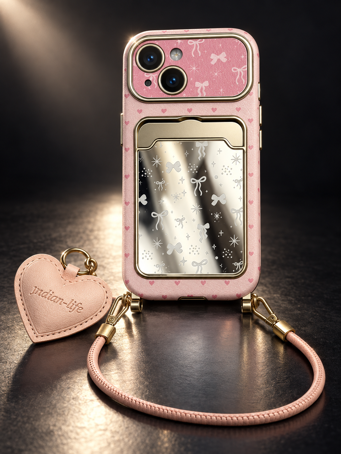 Pink Bow Mirror Card Case with Heart Charm