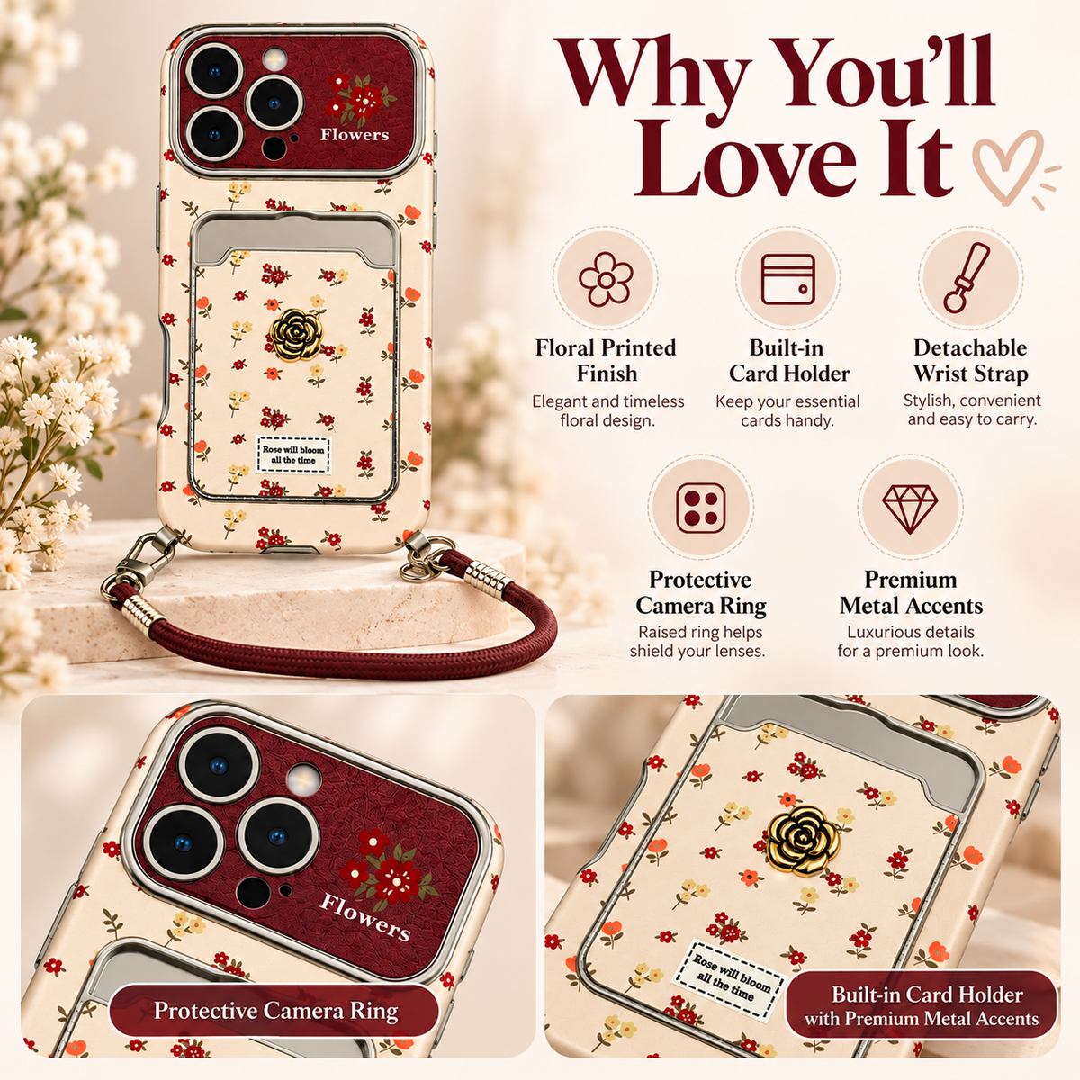 Rosy Garden Crossbody Card Case