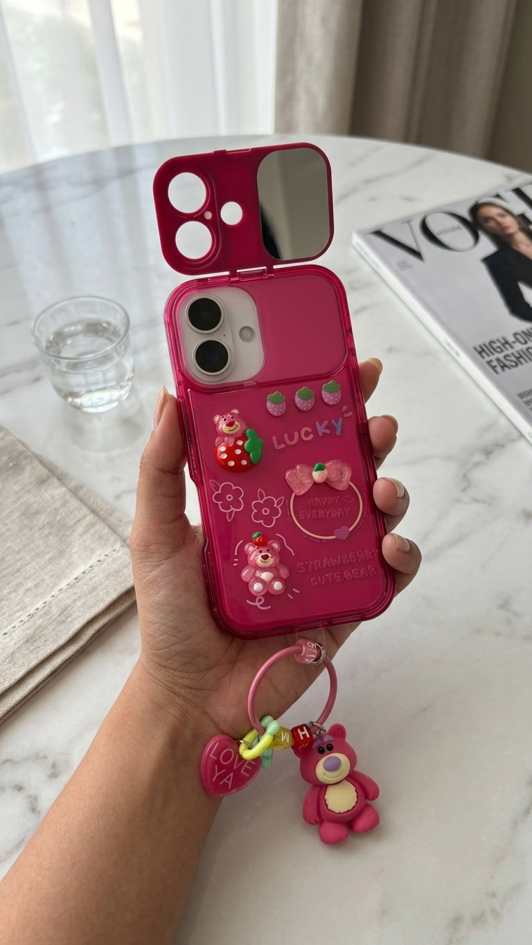 Strawberry Bear Mirror Case with Charm – Cute & Functional iPhone Cover