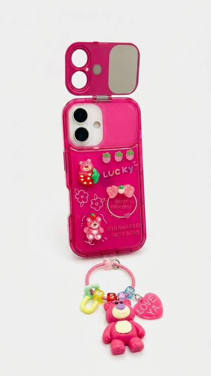 Strawberry Bear Mirror Case with Charm – Cute & Functional iPhone Cover