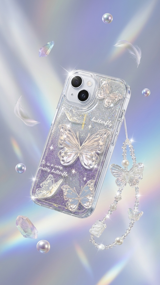 Fashion Gradual Colors Glitter TPU Butterfly Phone Case With Strap Chain Back Cover