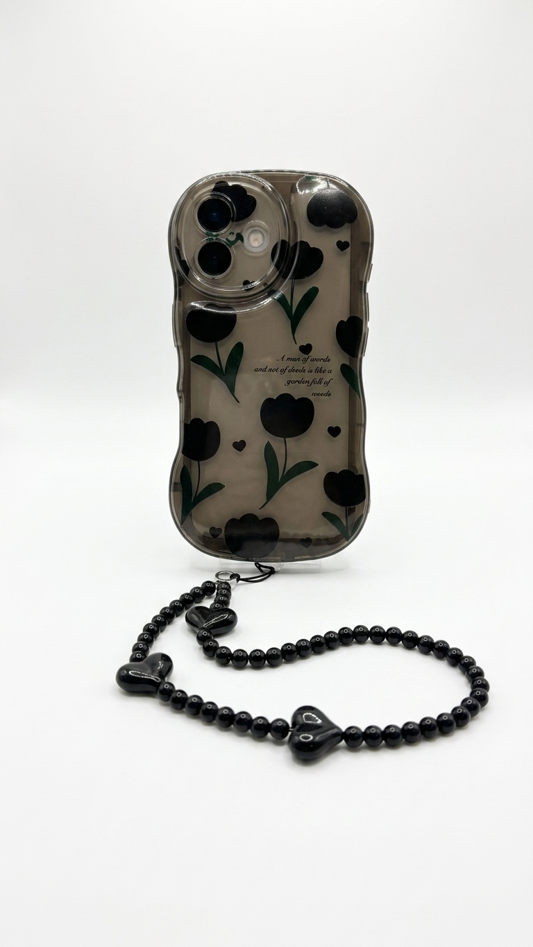 Black Tulip TPU Phone Case with Phone Charm