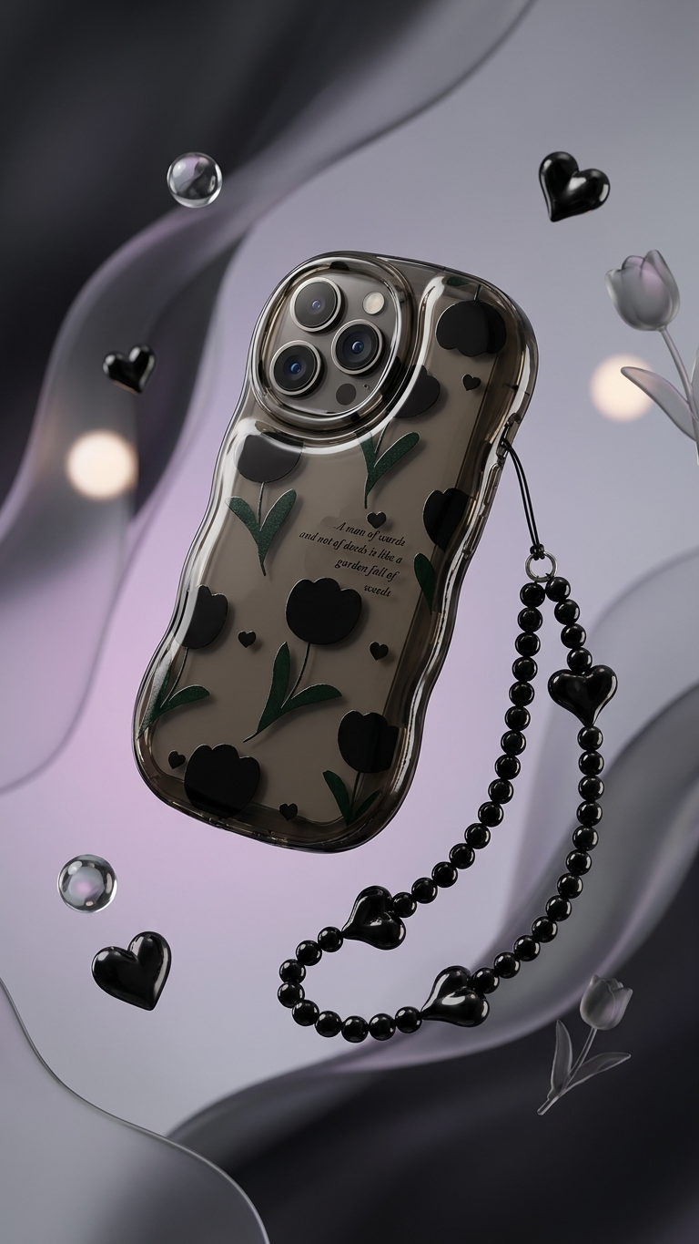 Black Tulip TPU Phone Case with Phone Charm