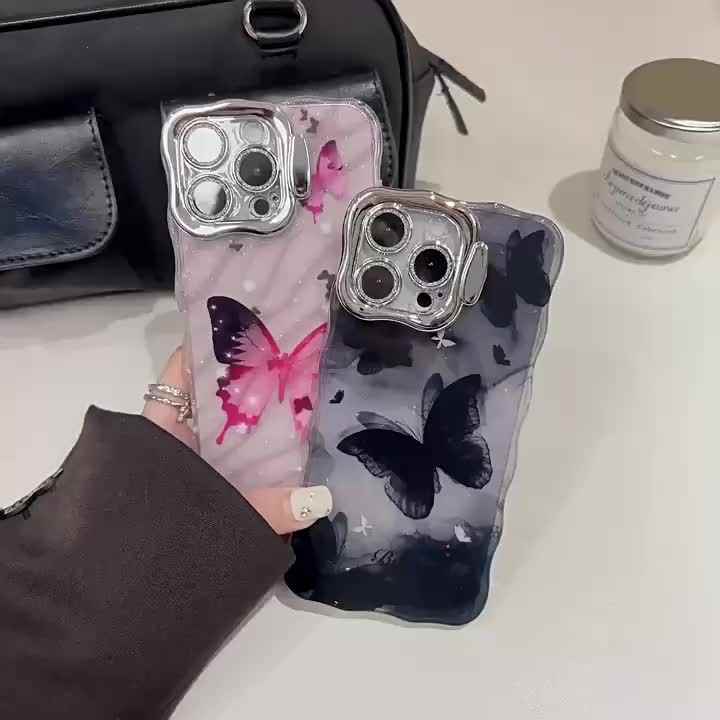 New electroplate lens holder wave glitter TPU print butterfly phone case