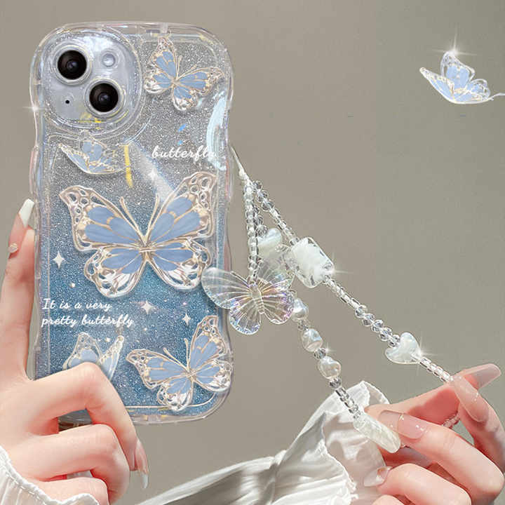 Fashion Gradual Colors Glitter TPU Butterfly Phone Case With Strap Chain Back Cover