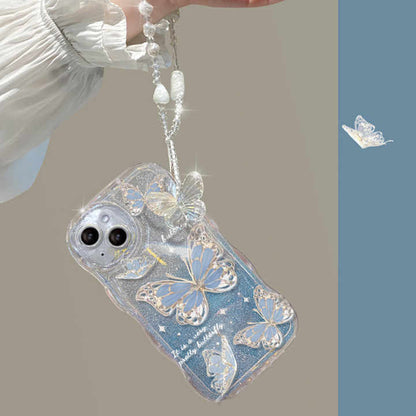 Fashion Gradual Colors Glitter TPU Butterfly Phone Case With Strap Chain Back Cover