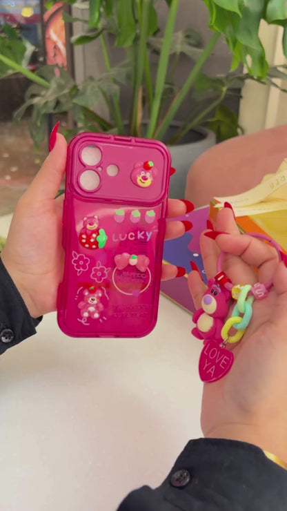 Strawberry Bear Mirror Case with Charm – Cute & Functional iPhone Cover