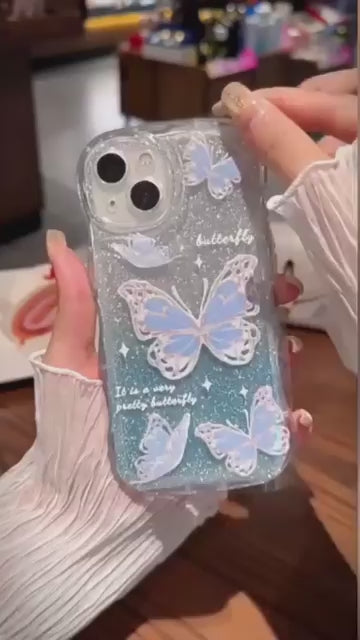 Fashion Gradual Colors Glitter TPU Butterfly Phone Case With Strap Chain Back Cover